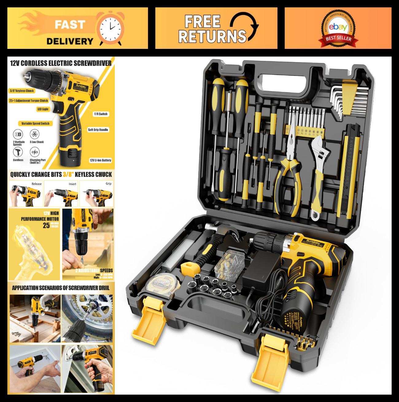 166-Piece Home Repair Tool Set with 12V Cordless Drill, Battery & Portable Box