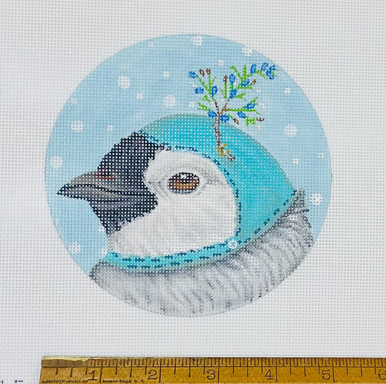 Hand painted HP Needlepoint Canvas Melissa Shirley Vicki Sawyer Penguin 5" dia