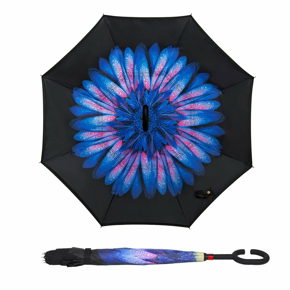 C-Handle Inverted Reverse Umbrella, Flower print (Inside-out, Upside-down)