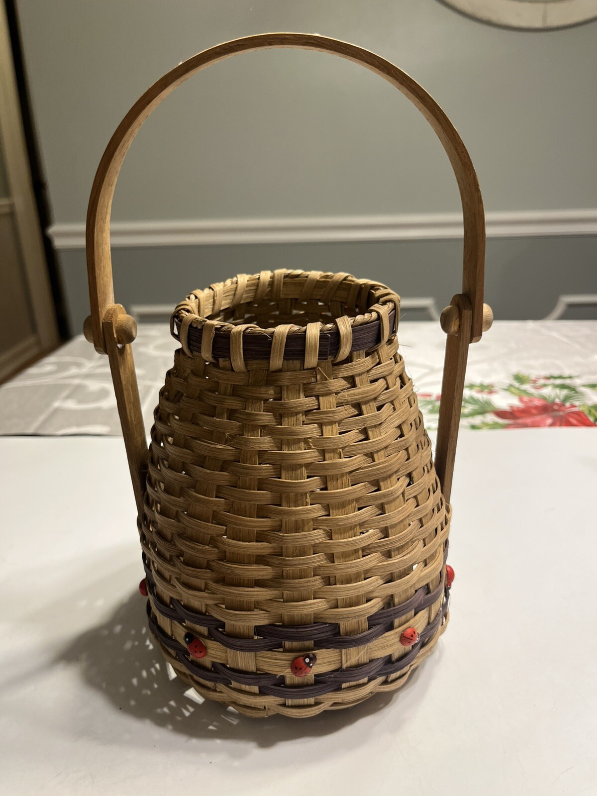 Handmade Woven Basket Swing Handle Ladybugs Artist Signed