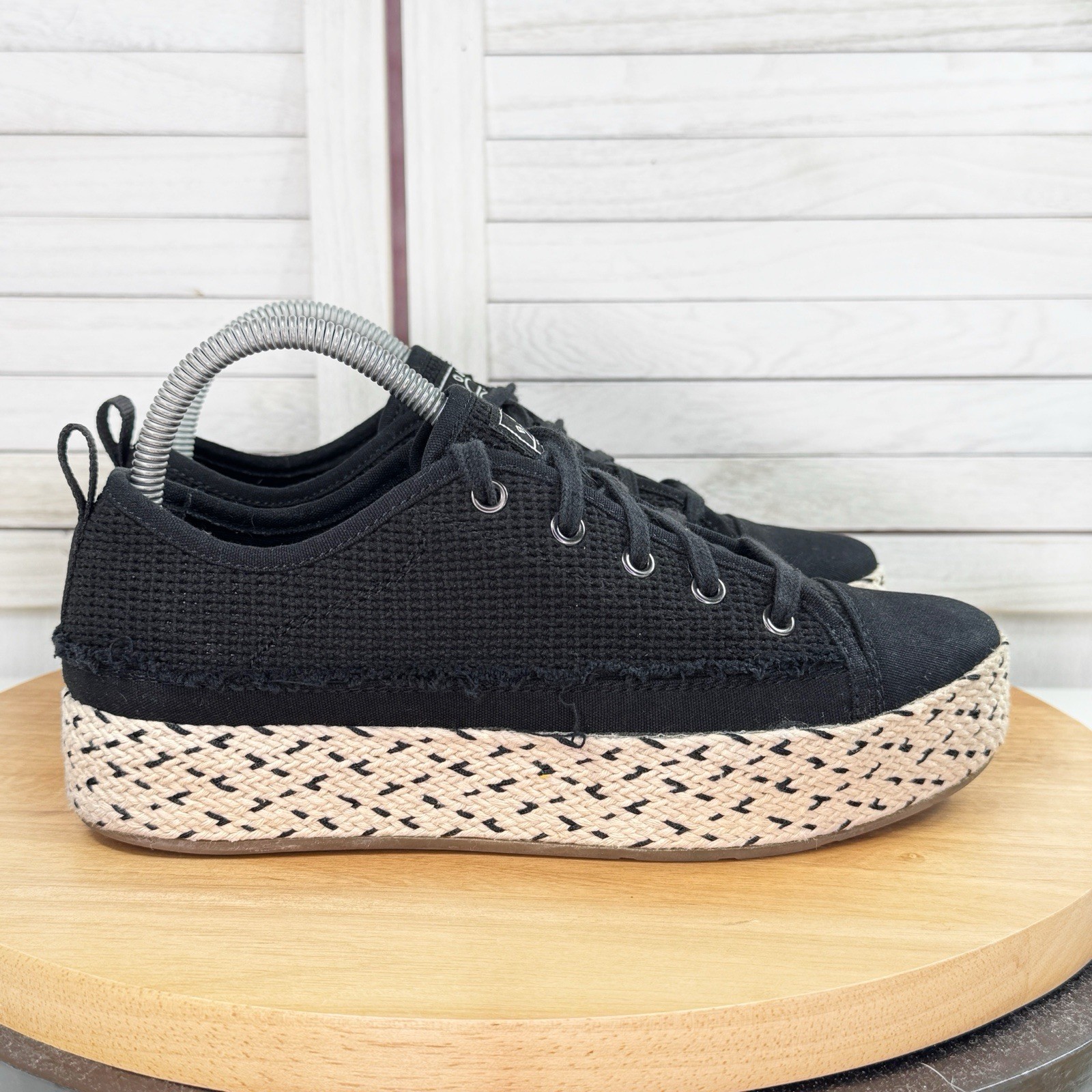 Bobs by Skechers Woven Canvas Espadrille Platform Sneakers Black Tan 8 Womens