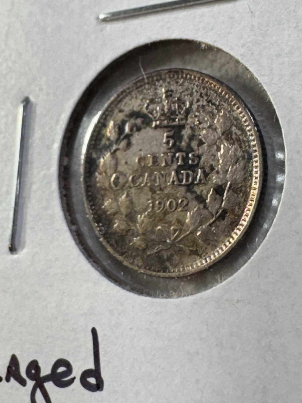 1902 Canada 5 Cents Small Silver Coin Damaged