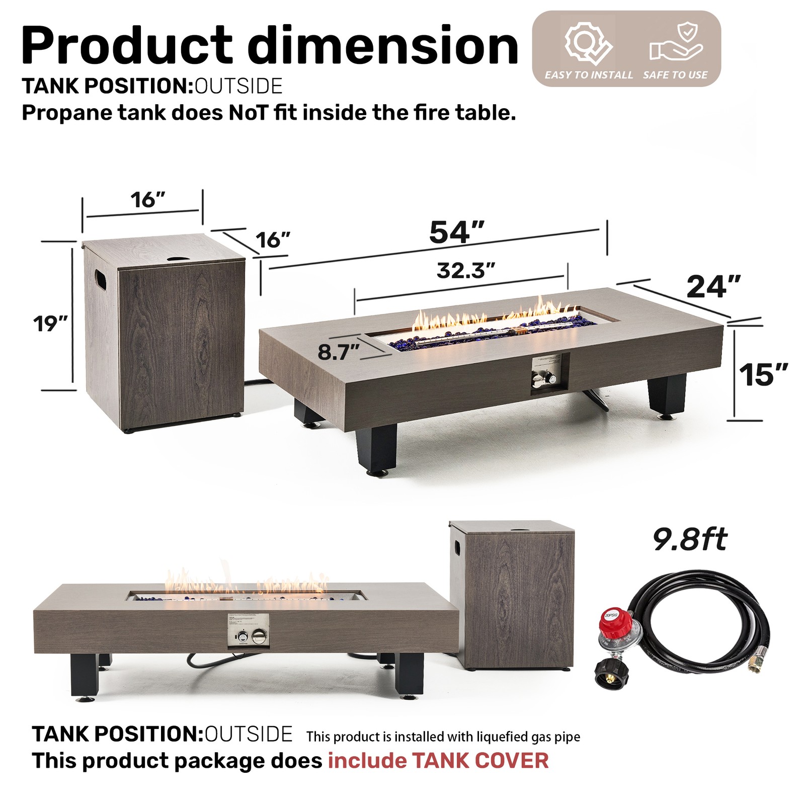 54 Inch Propane Fire Pit Table Outdoor Rectangular Heater 50000 BTU Stainless