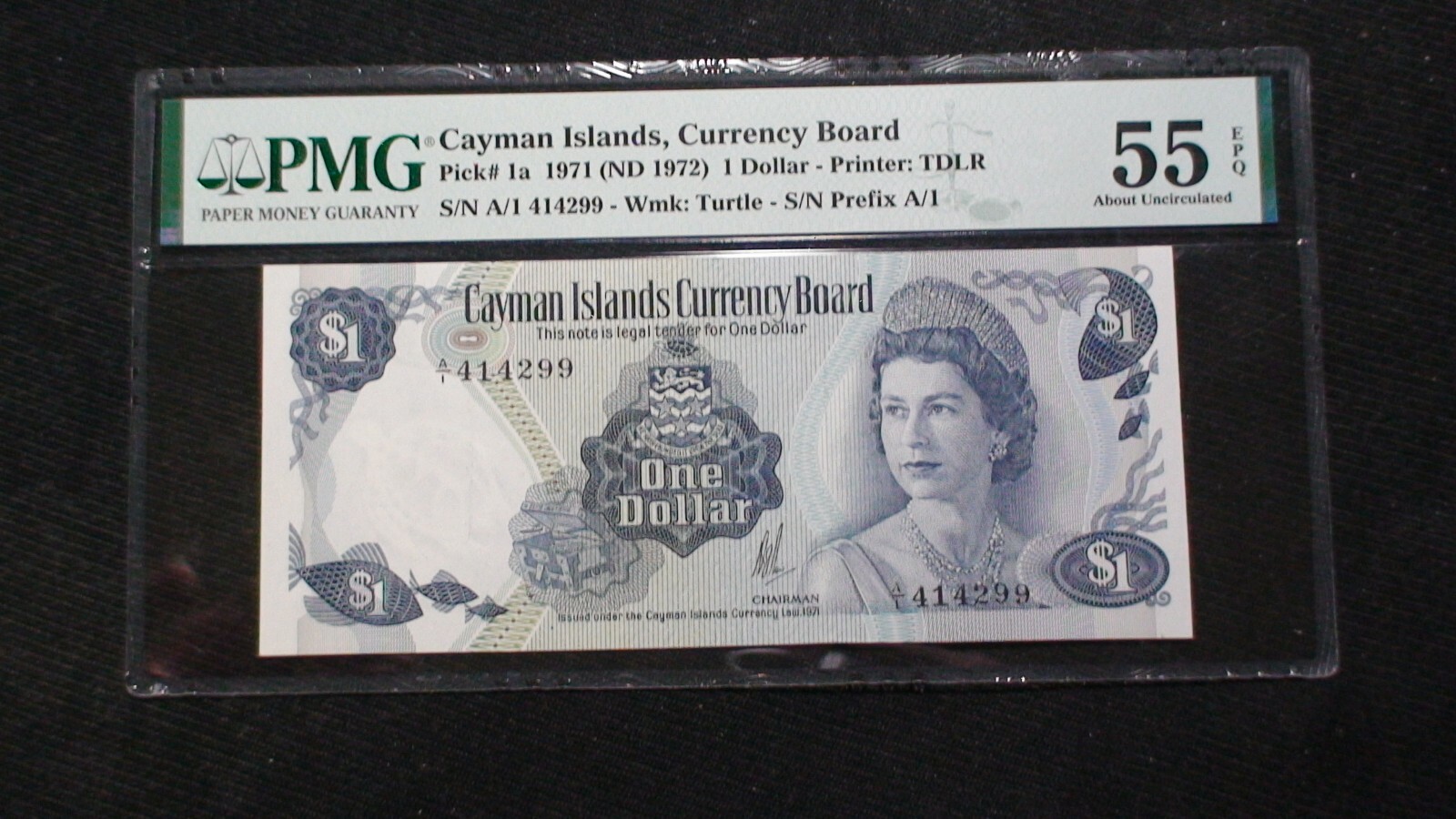 1971 CAYMAN ISLANDS One Dollar Note PMG AU55 EPQ $1 Bill PRICED TO SELL!