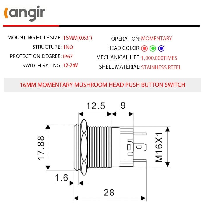 15Amp momentary Push Button Switch，(0.63") 12V-24V Push Button Switch 16mm Blue