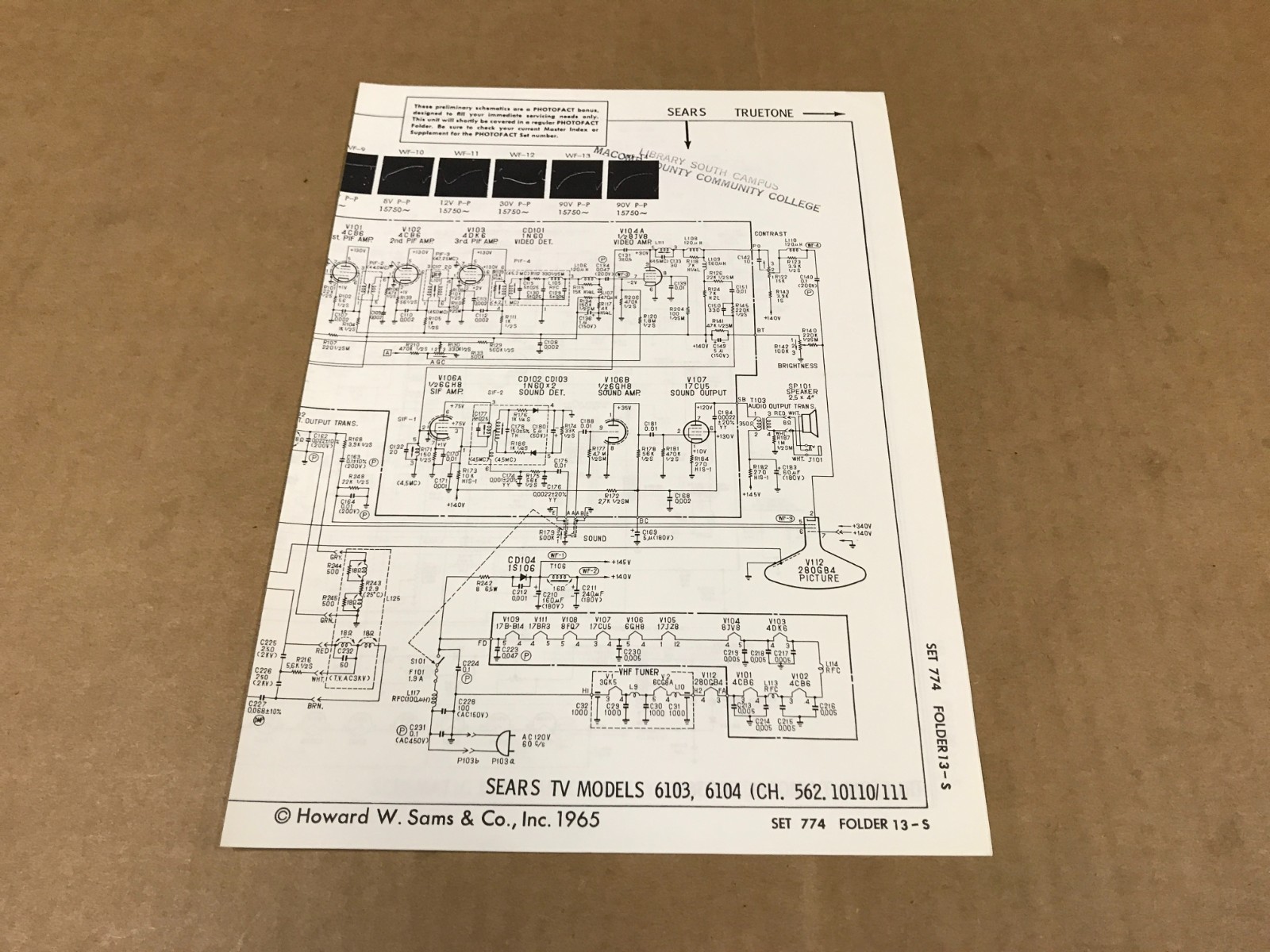 Vintage Photofact Folder - 774-13S - Sears TV Models 6103,6104 Schematic Diagram