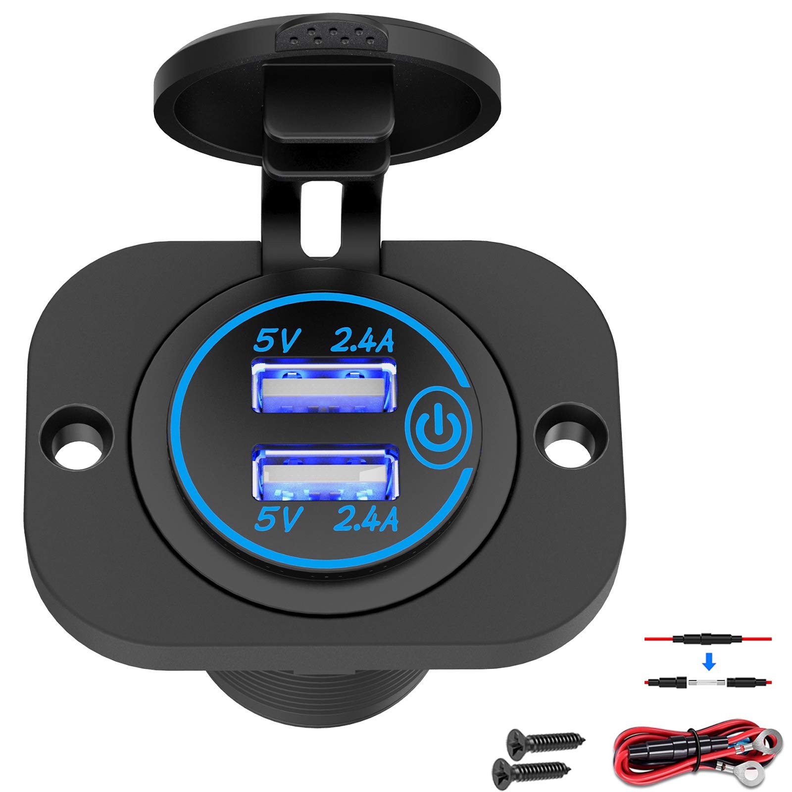 Dual USB Socket 12V Marine Outlet with Switch Golf Cart Port 12 Volt Blue