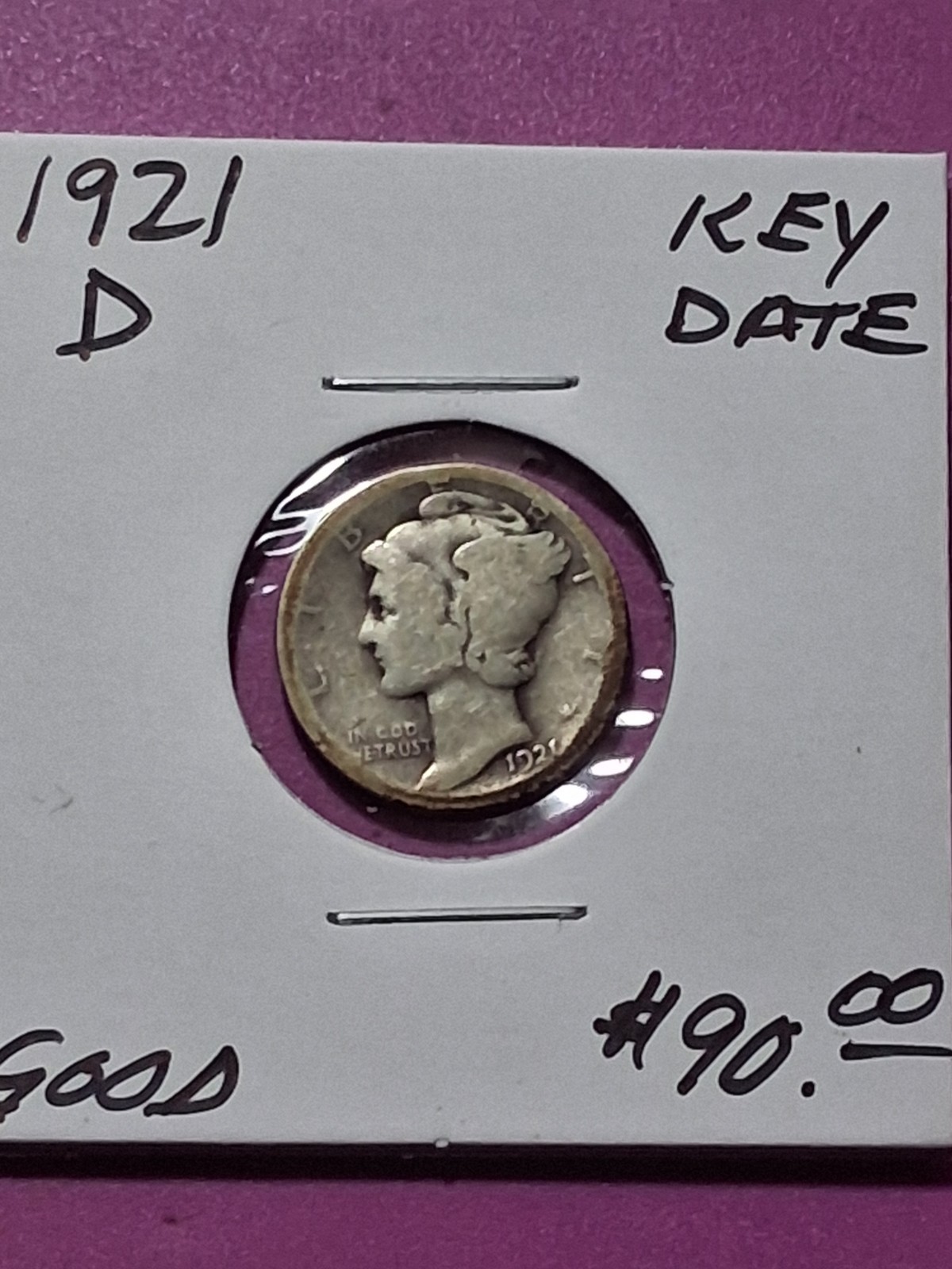 1921-D MERCURY DIME. KEY DATE. LOW MINTAGE. SCARCE & RARE.