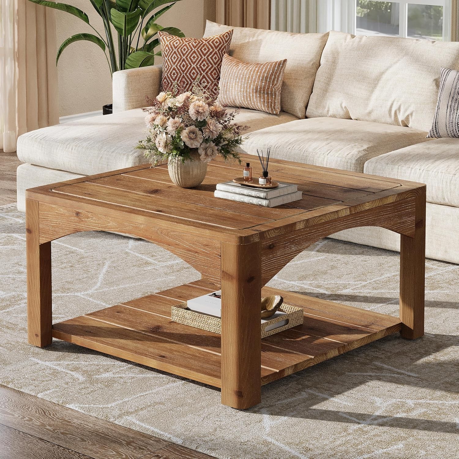 31.5-Inch Solid Wood Coffee Table 2 Tier Square Center Table for Living Room