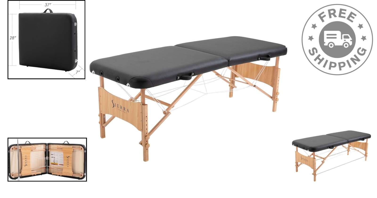 Portable Beech Hardwood Massage Table with Adjustable Height - Black/Beige