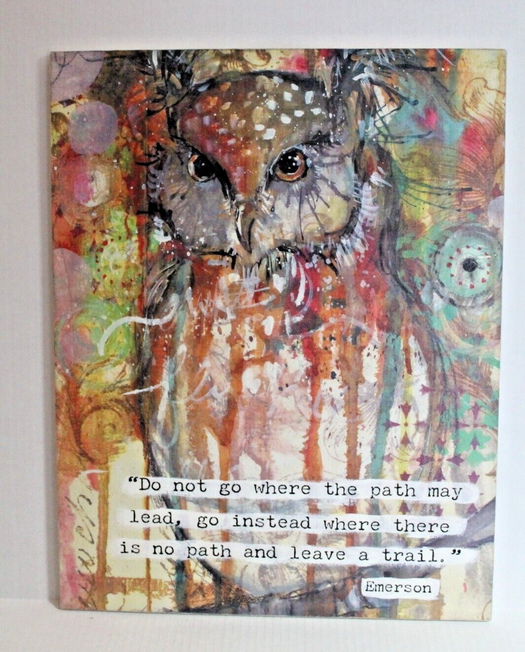 Handmade Decoupage Owl Picture with Emerson Quote The Path Trail 18" x 14" NEW