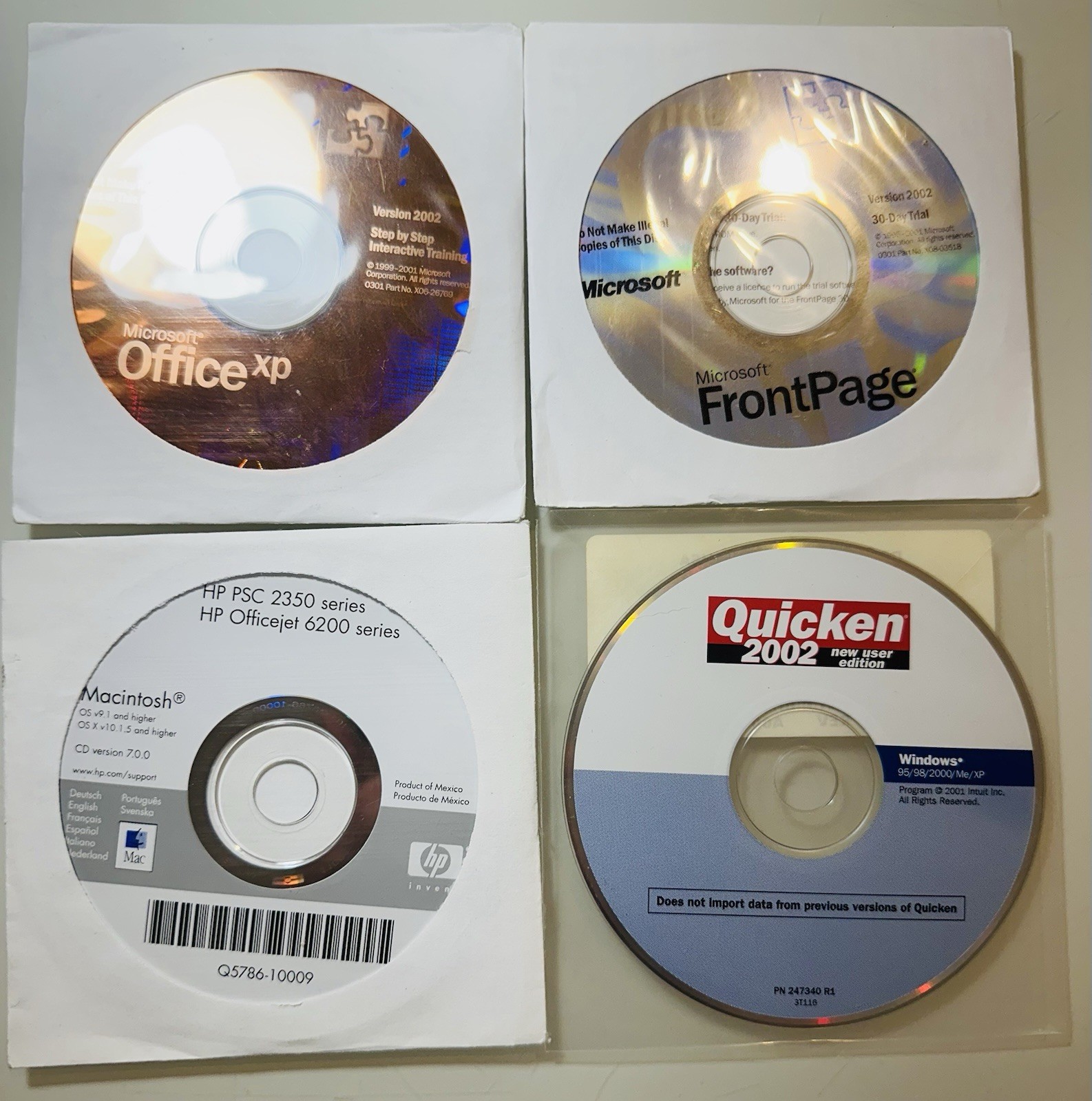 Lot of 4 CD - Microsoft Office XP FrontPage Quicken 2002 + HP PSC2350 Macintosh