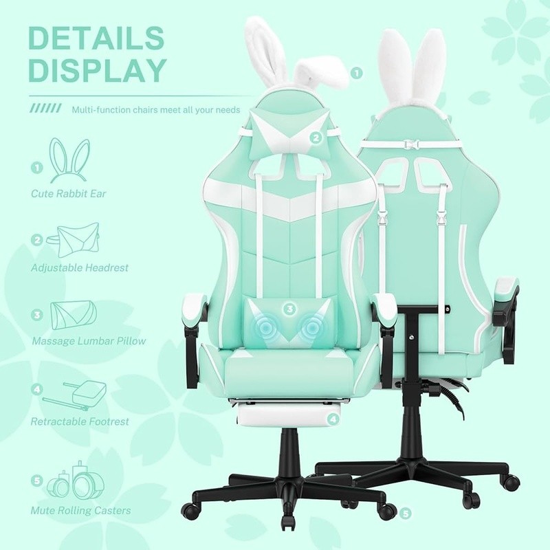 Cute Gaming Chair Removable Bunny Ears Ergonomic Design Adjustable Comfort New
