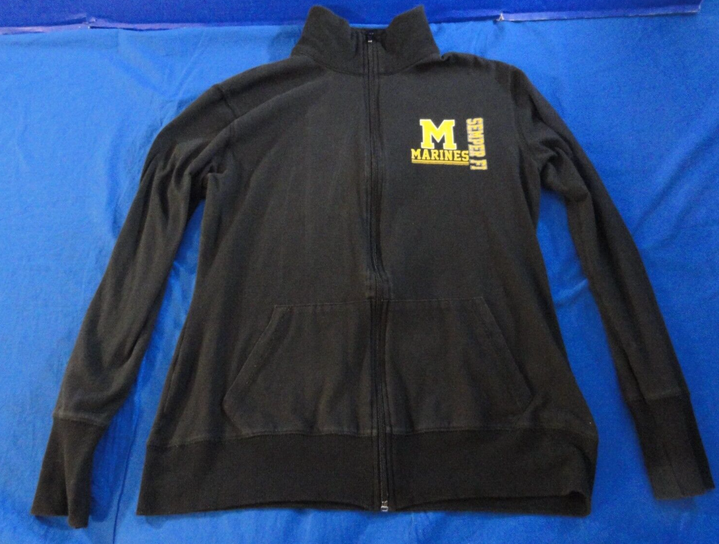 USMC MARINE CORPS SEMPER FI BLACK FULL ZIP UP LIGHTWEIGHT THERMAL JACKET SMALL