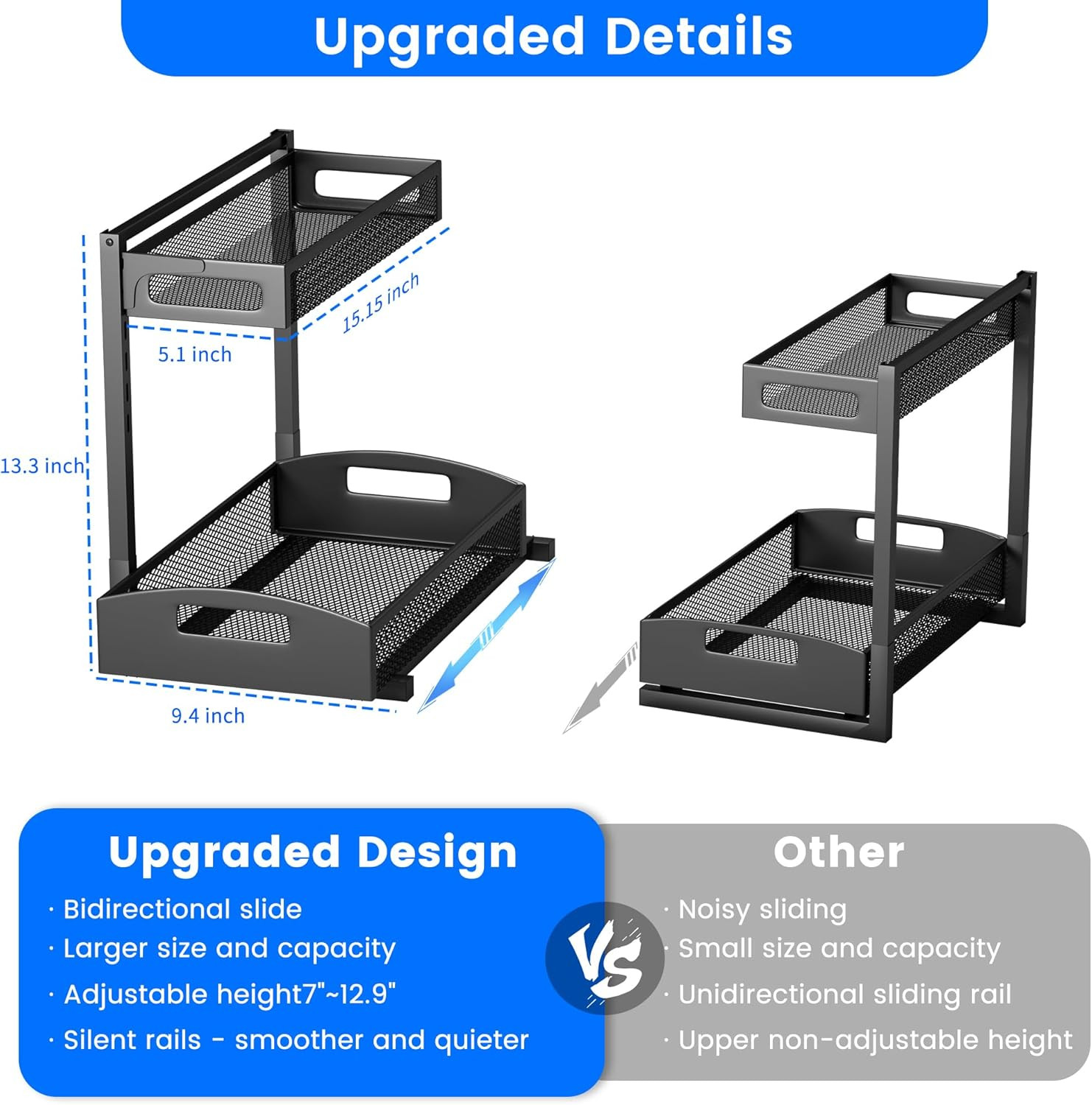 Height Adjustable Under Sink Organizer - 2 Pack Storage for Kitchen & Bathroom