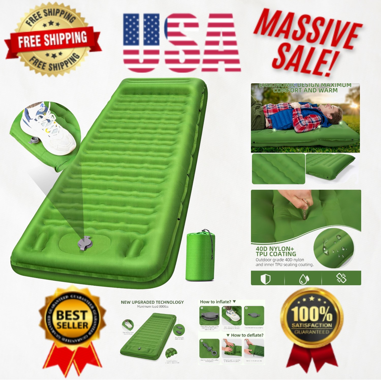 Ergonomic 5" Thick Sleep Pad with Foot Pump - Perfect for Camping & Hiking