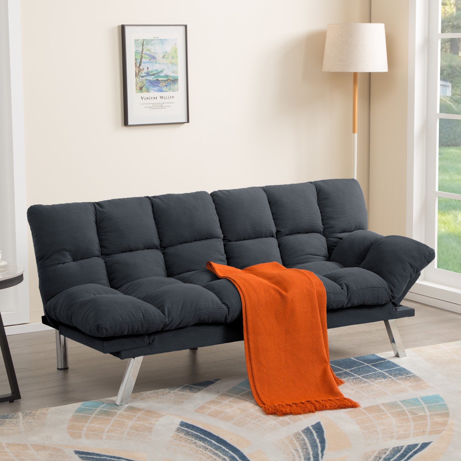 Corduroy Futon Sofa Bed 67" Twin Sleeper w/Split Back & Adjustable Armrest