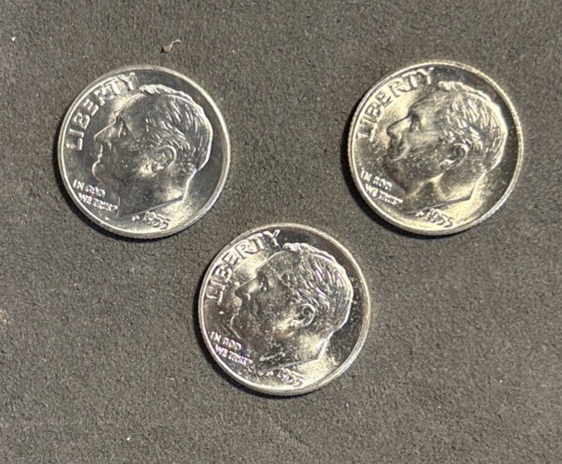 1955 P D S Roosevelt Dime BU Year Set 90% Silver 3 Coin Lot PDS Uncirculated