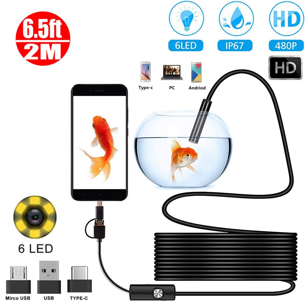 3 In 1 USB Endoscope 7.0mm Single Lens 300KP 6.56FT Inspection Borescope Black