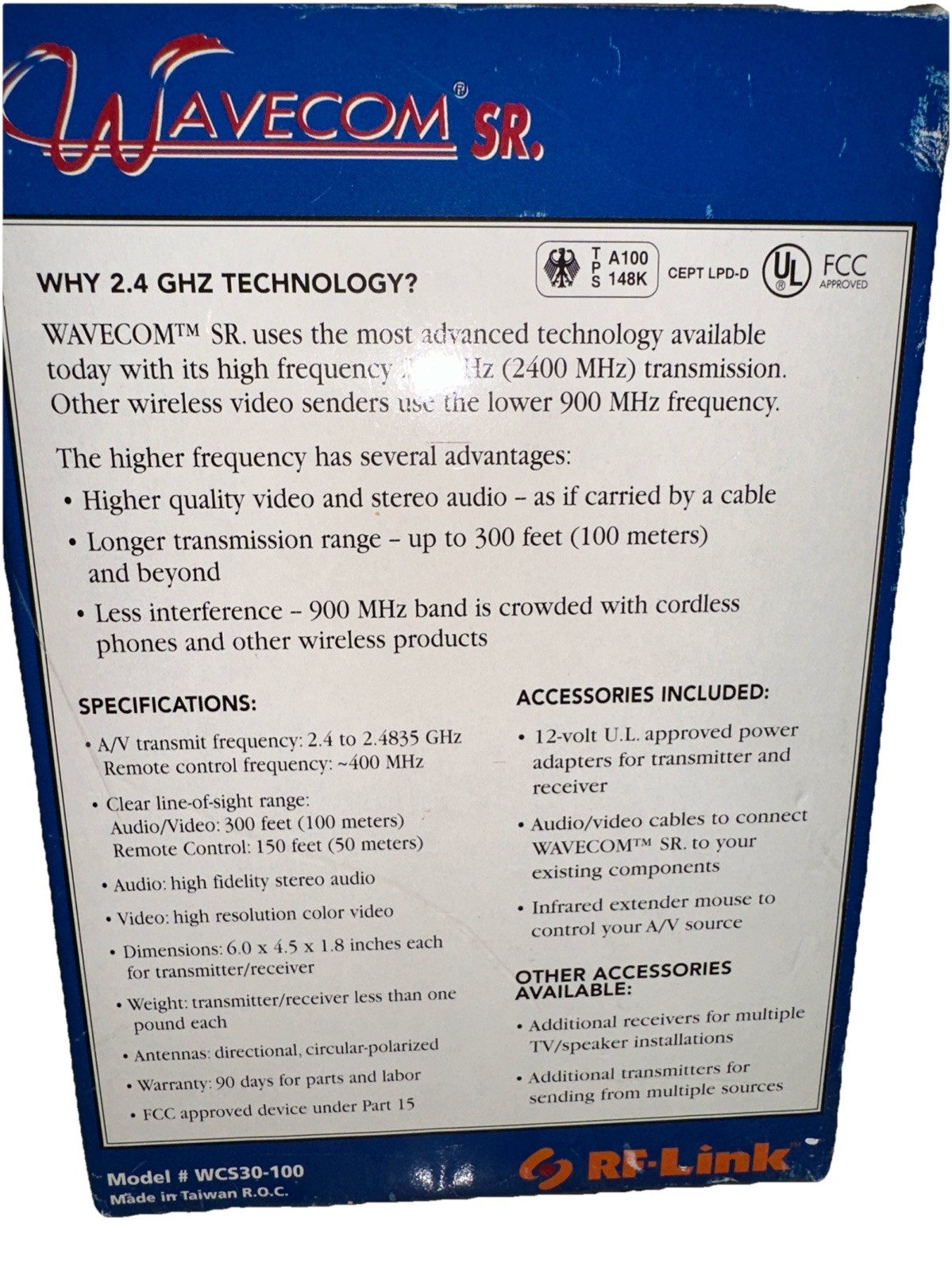 Wavecom Sr. Audio Video Communicator DDS/DVD/CABLE, Wireless Model WCS30-100