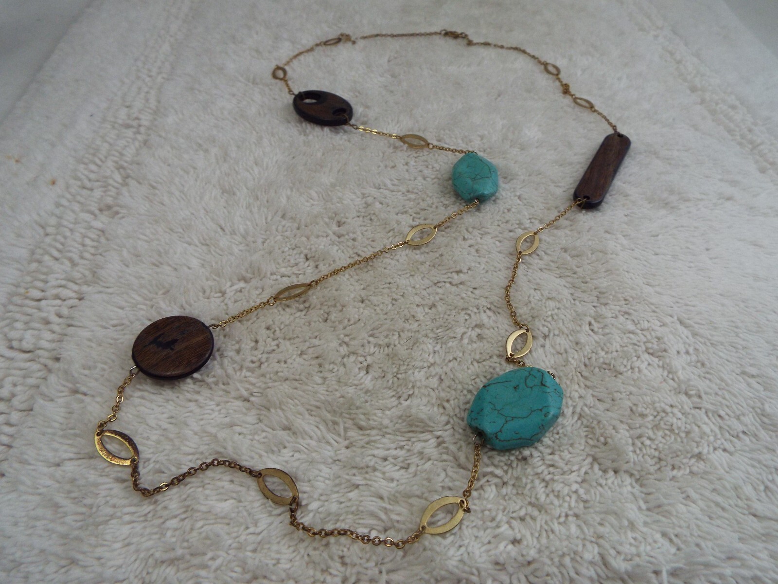 Goldtone Turquoise Stone Brown Bead Chain Necklace (D31)