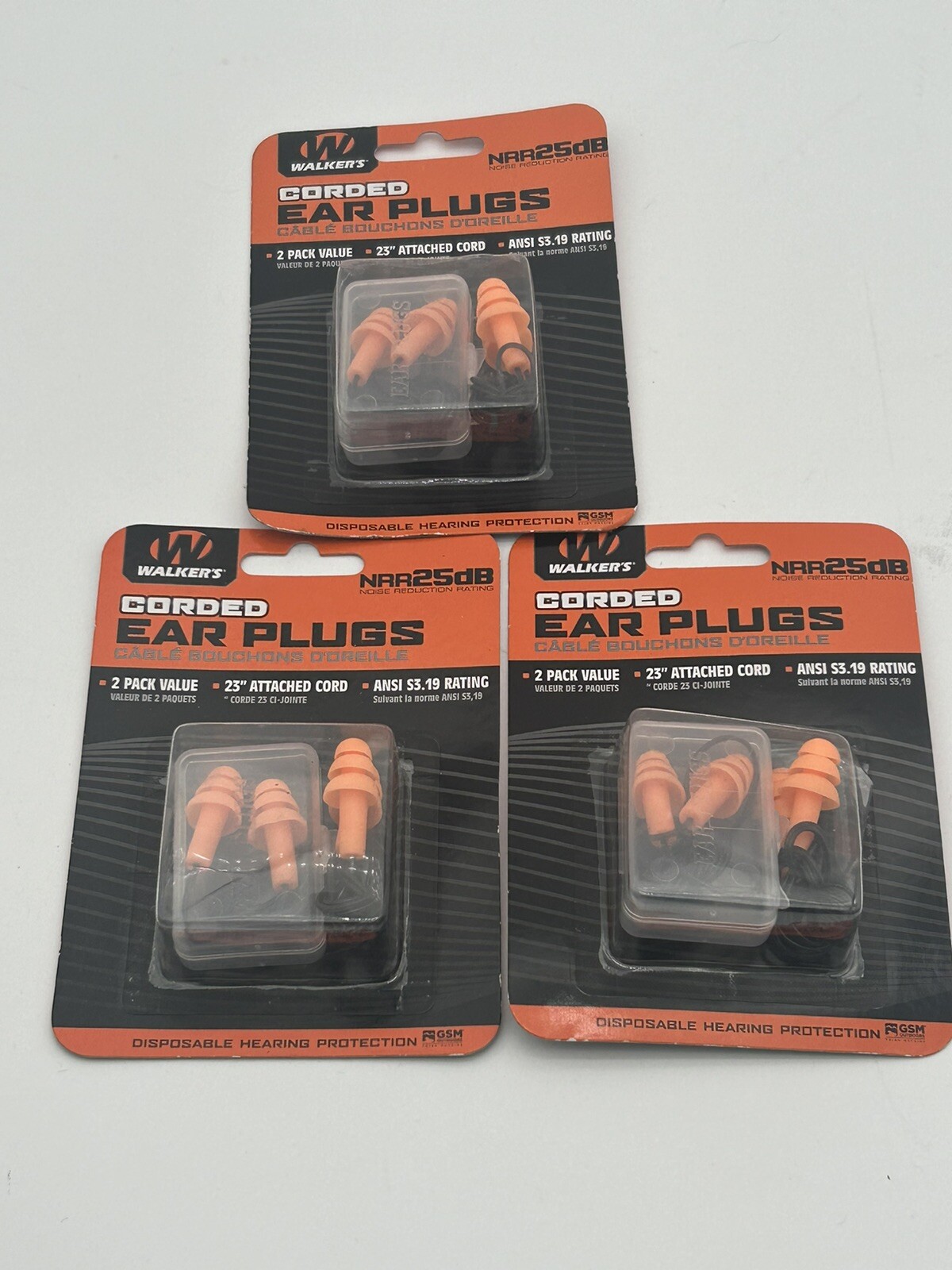 Walkers Game Ear 23" Corded Ear Plugs 2-Pack x 3 (4-Pack) w/ Carry Case Lot Of 3