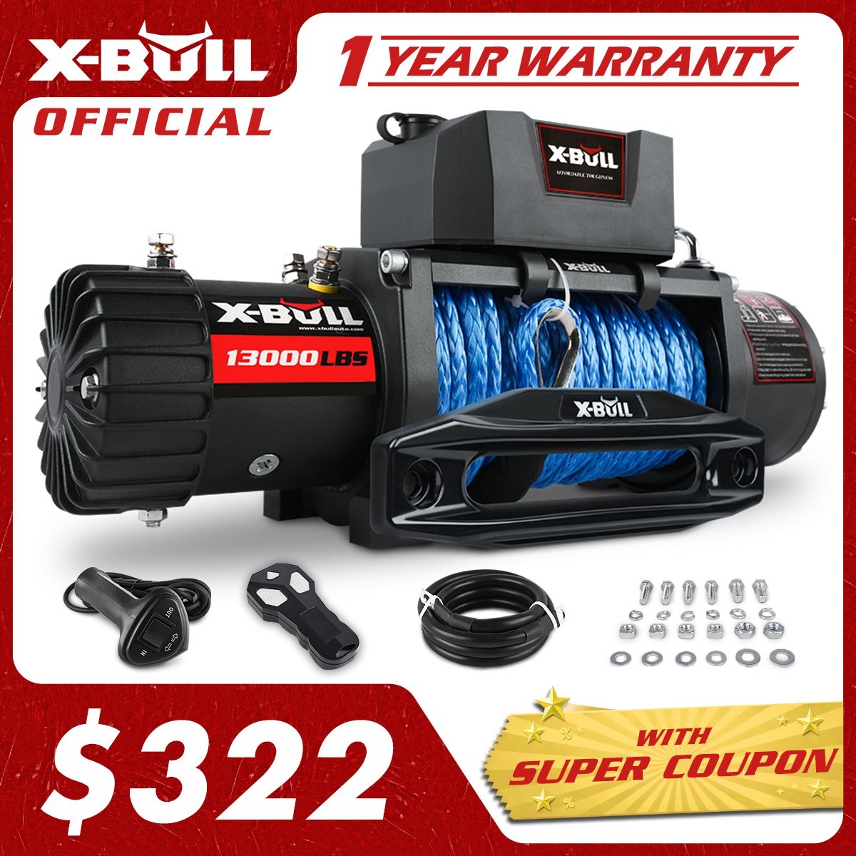 X-BULL 13000LBS 12V Electric Winch Synthetic Rope Truck Towing Trailer 4WD Jeep