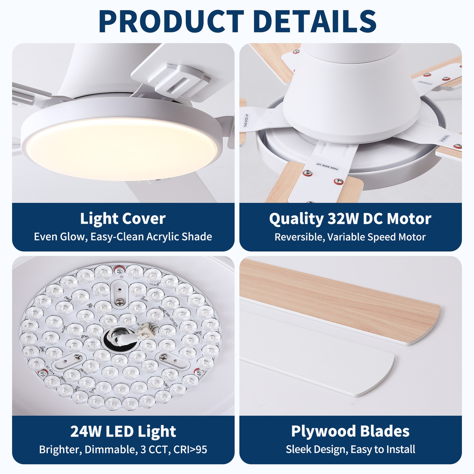 52" White Ceiling Fan with Light and Remote Control, 6-Speed DC Motor