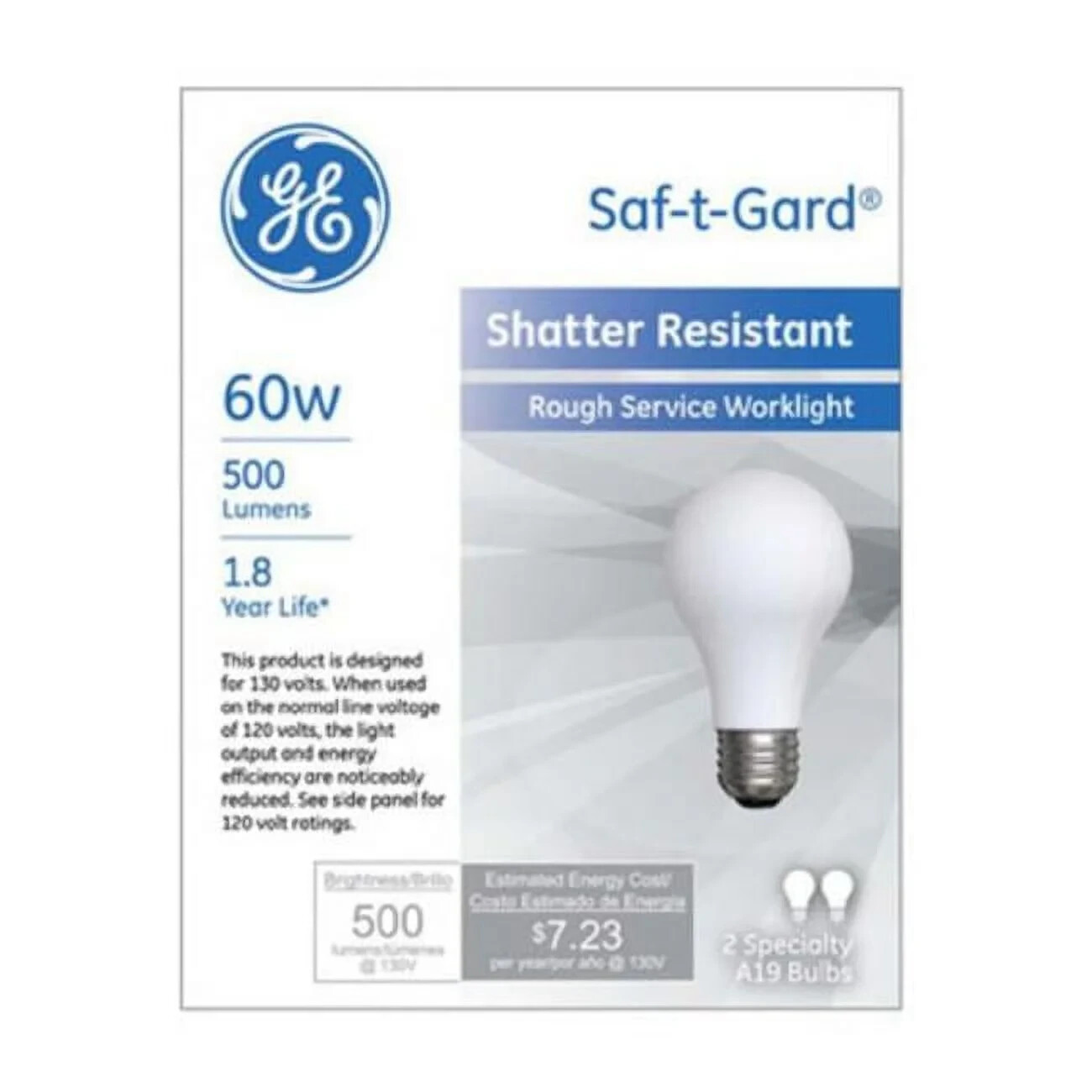 2- GE 72549 60w Rough Service 60 Watt RS Shatter Resistant Light Bulbs