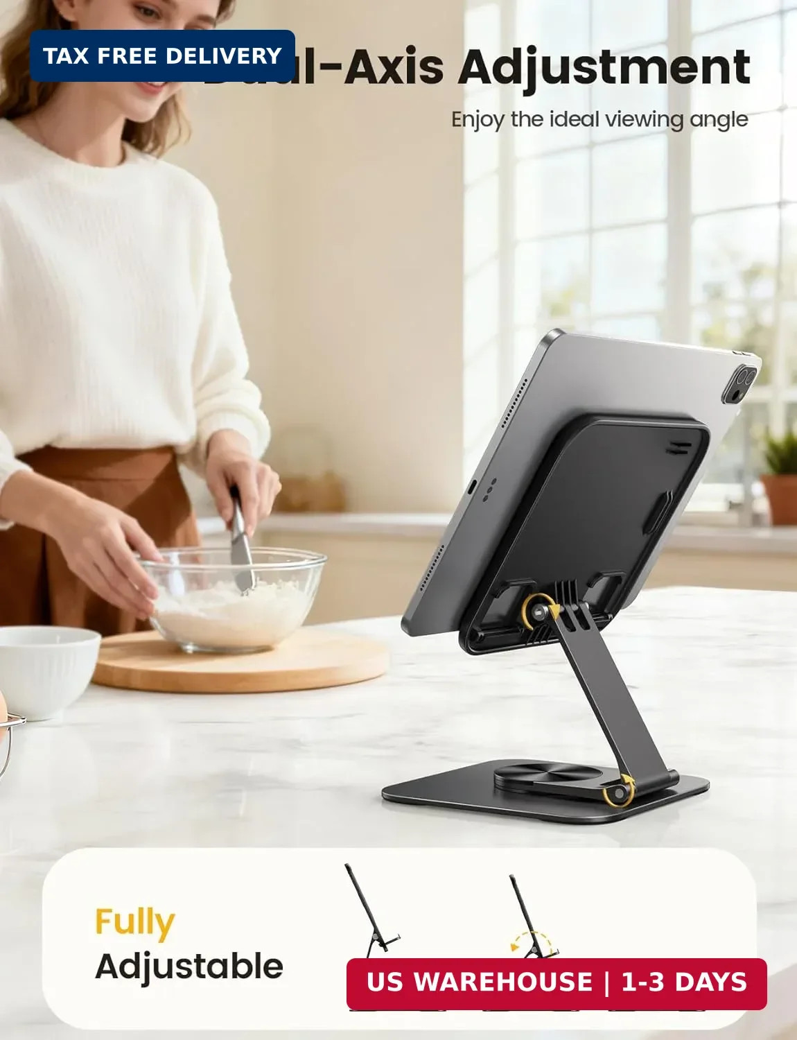 Lamicall Adjustable iPad Stand for Desk - [Ultra-Slim Foldable][360°Rotation Bas