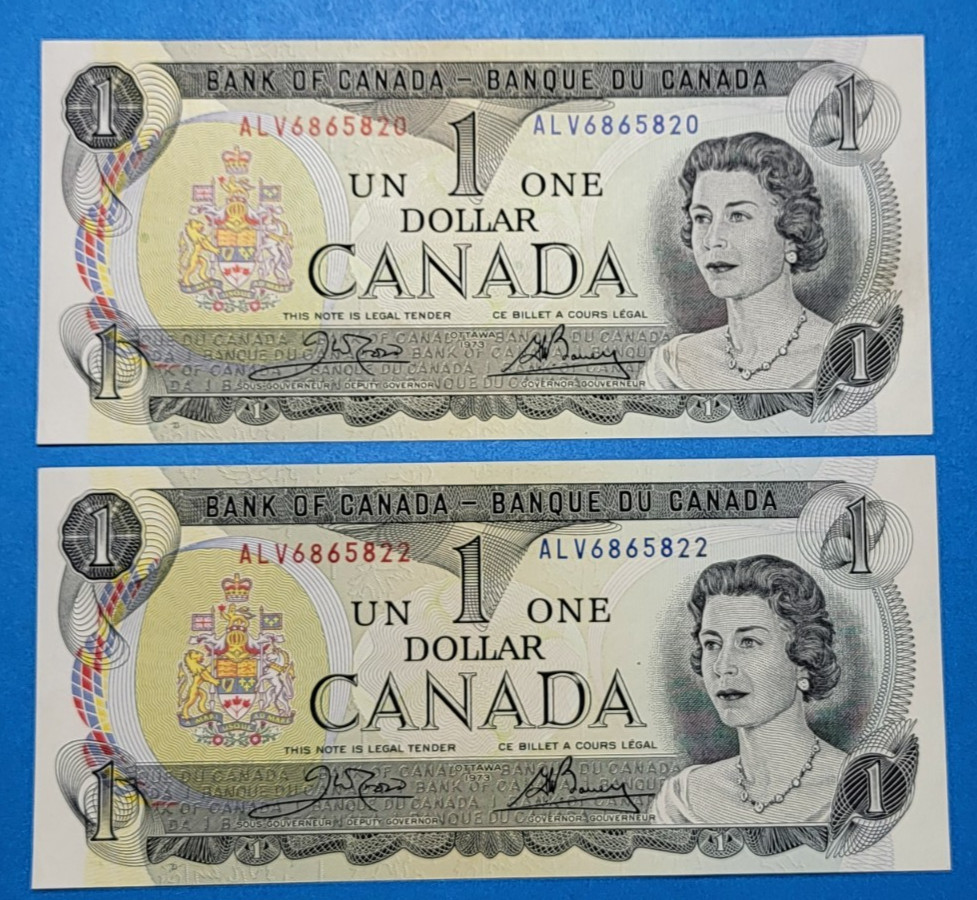 Lot of 2 1973 Canada Bank Note One 1 Dollar Prefix ALV Crow Bouey Crisp UNC