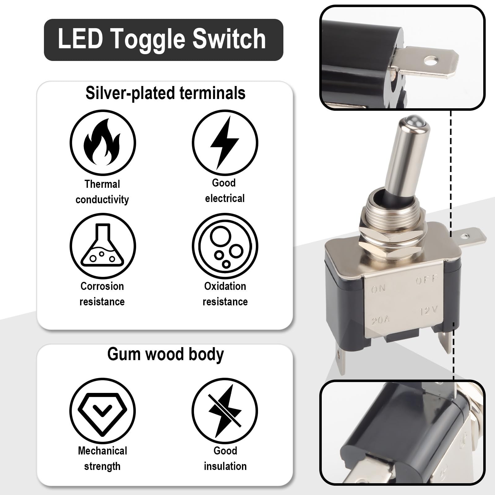 3 PCS LED Lighted Rocker Toggle Switch, 12V SPST 2Pin On/Off Rocker Switch, 20A