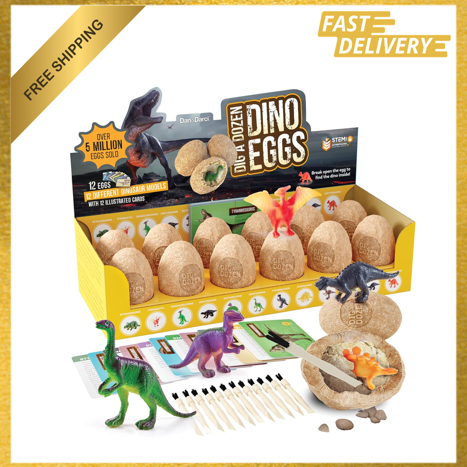 Dinosaur Dig Kit for Kids, 12 Dino Eggs, Fossil Excavation, STEM Science