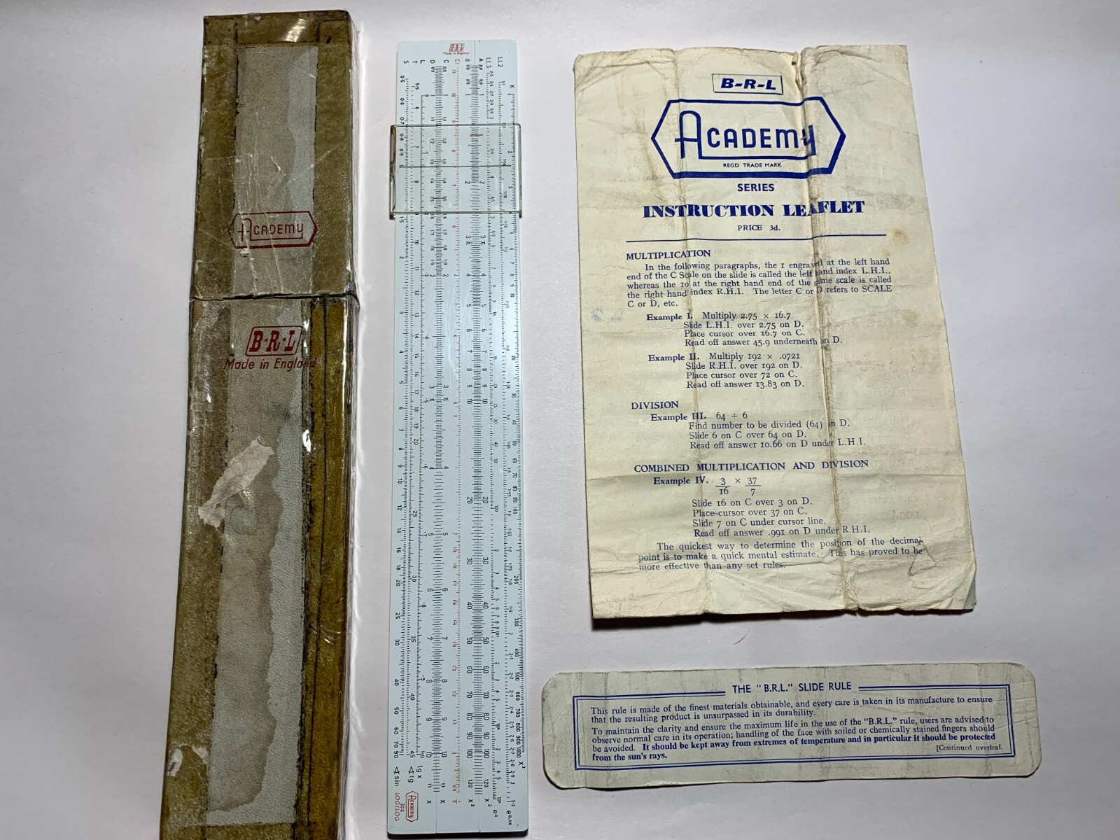 Vintage B.R.L. Academy 302 LOG/LOG Slide Rule with original box & instructions