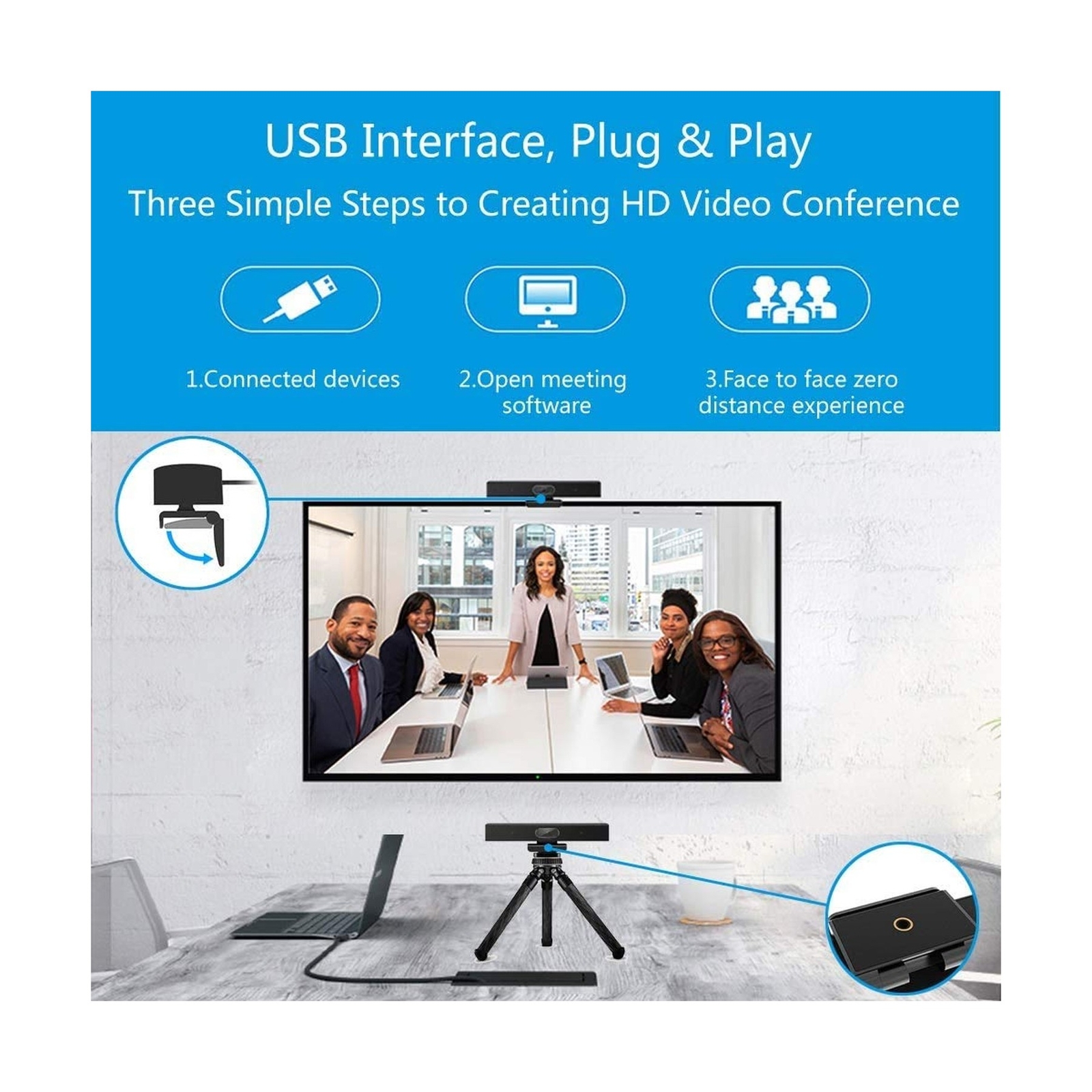 Conference Room Camera with Microphone and Speaker, Wide Angle USB Video Conf...
