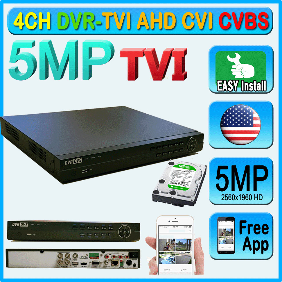 4CH TVI 5MP DVR H265 2560x1960 Guarding Vision App phone remote view P2P Free