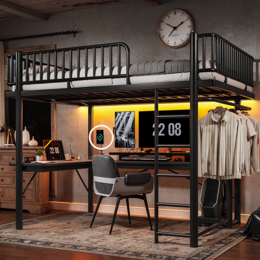 Modern Full/Queen Size Loft Bed w/L-Shaped Desk,LED Light Strip & Charge Station