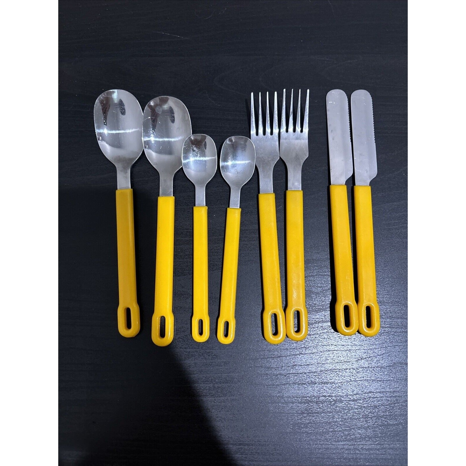 Vtg Yellow Plastic Handle Stainless Taiwan MCM - Knives Forks Spoons Set of 8