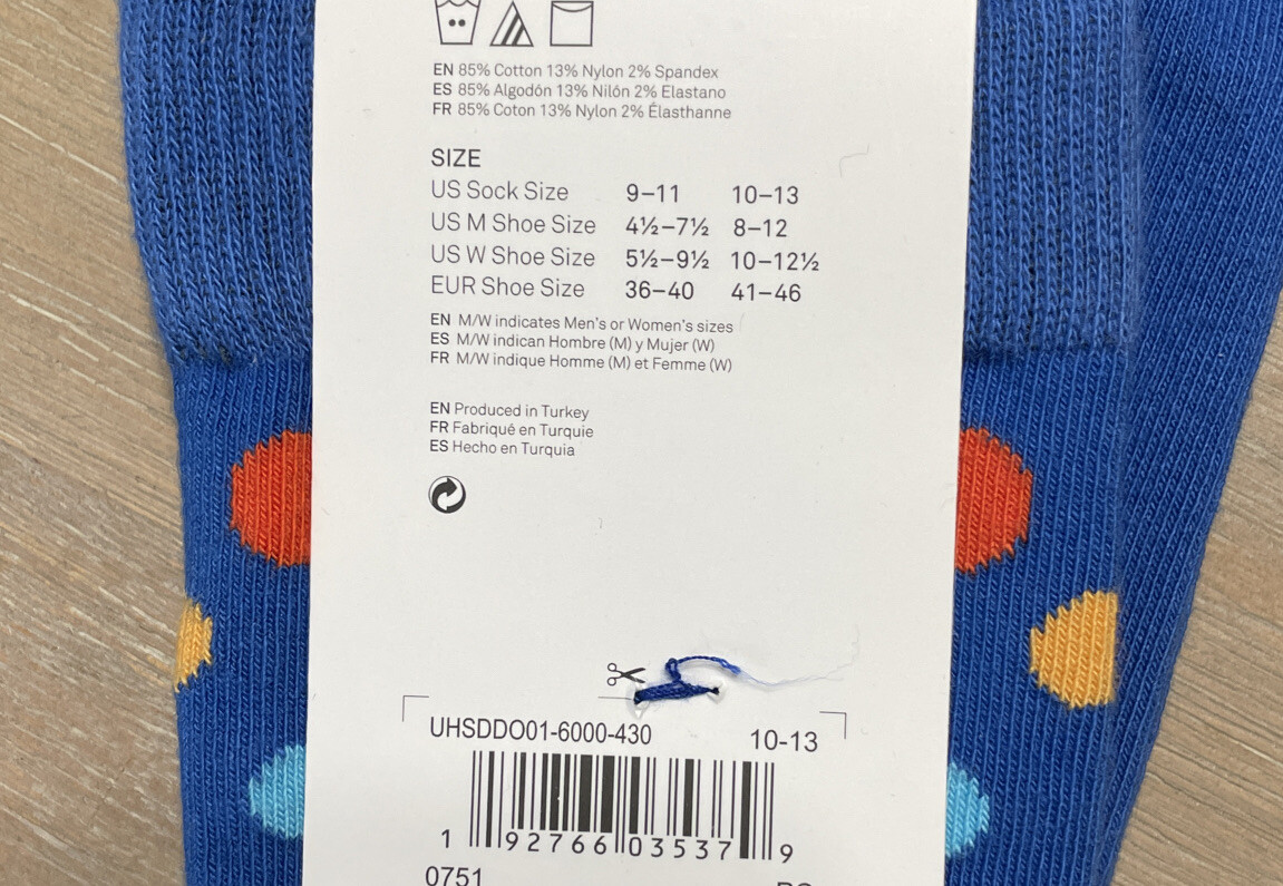 New Happy Socks Blue Orange Polka Dot Combed Cotton Crew Socks Size 8–12