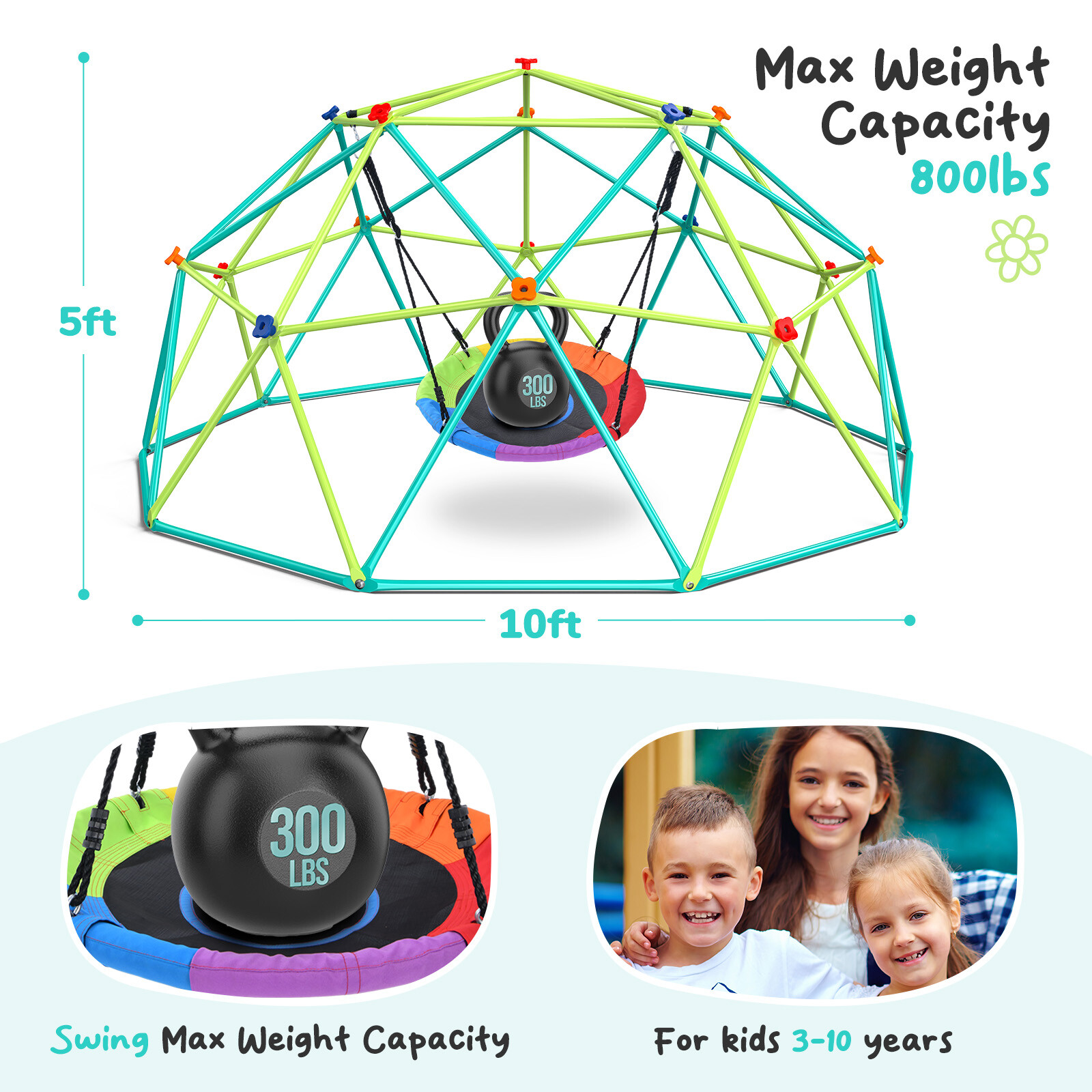 Hapfan 10ft Climbing Dome with Saucer Swing Jungle Gym for Kids Outdoor Backyard