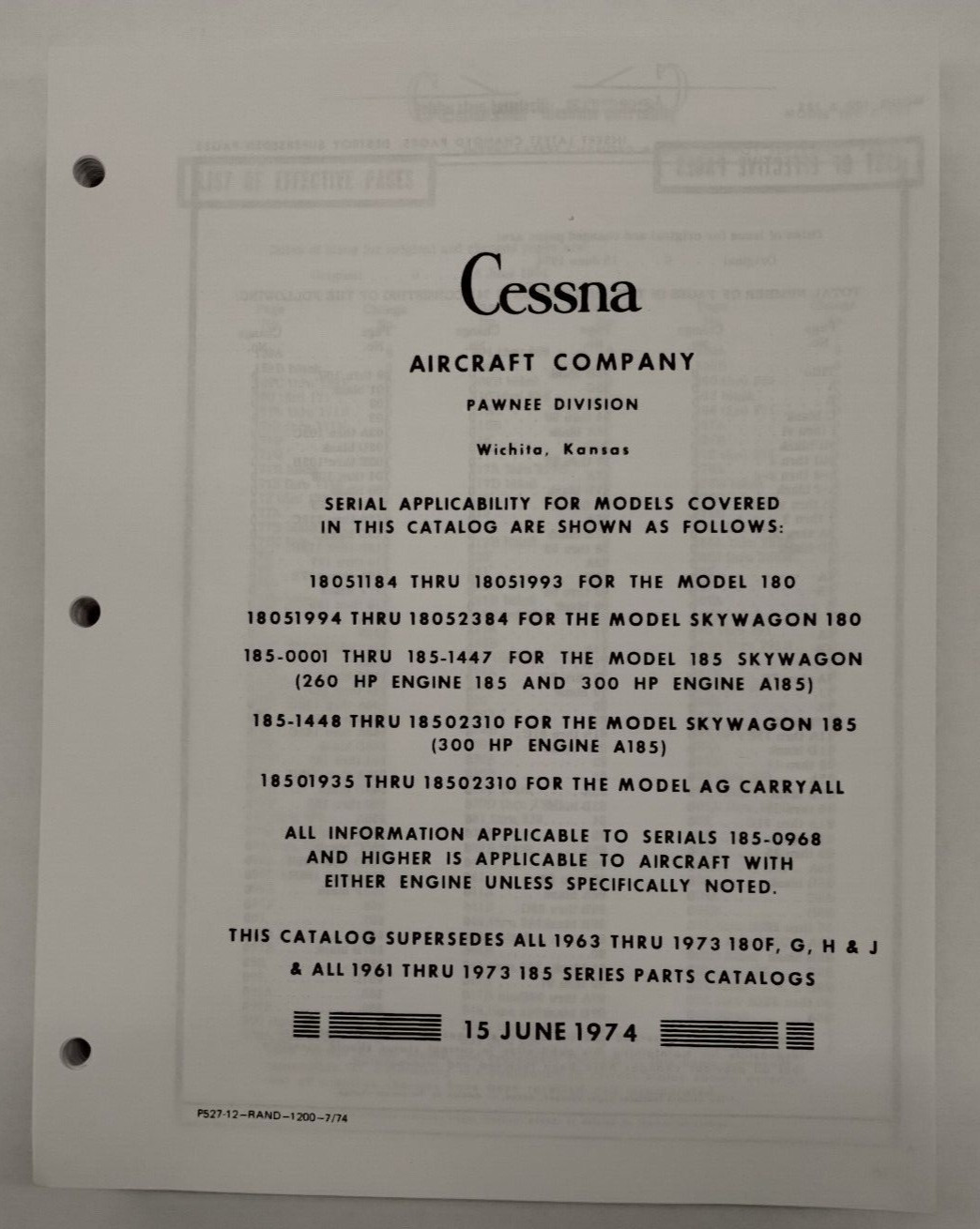 Cessna 1963-73 180/ 1961-73 185 Skywagon Parts Catalog-Preproduction