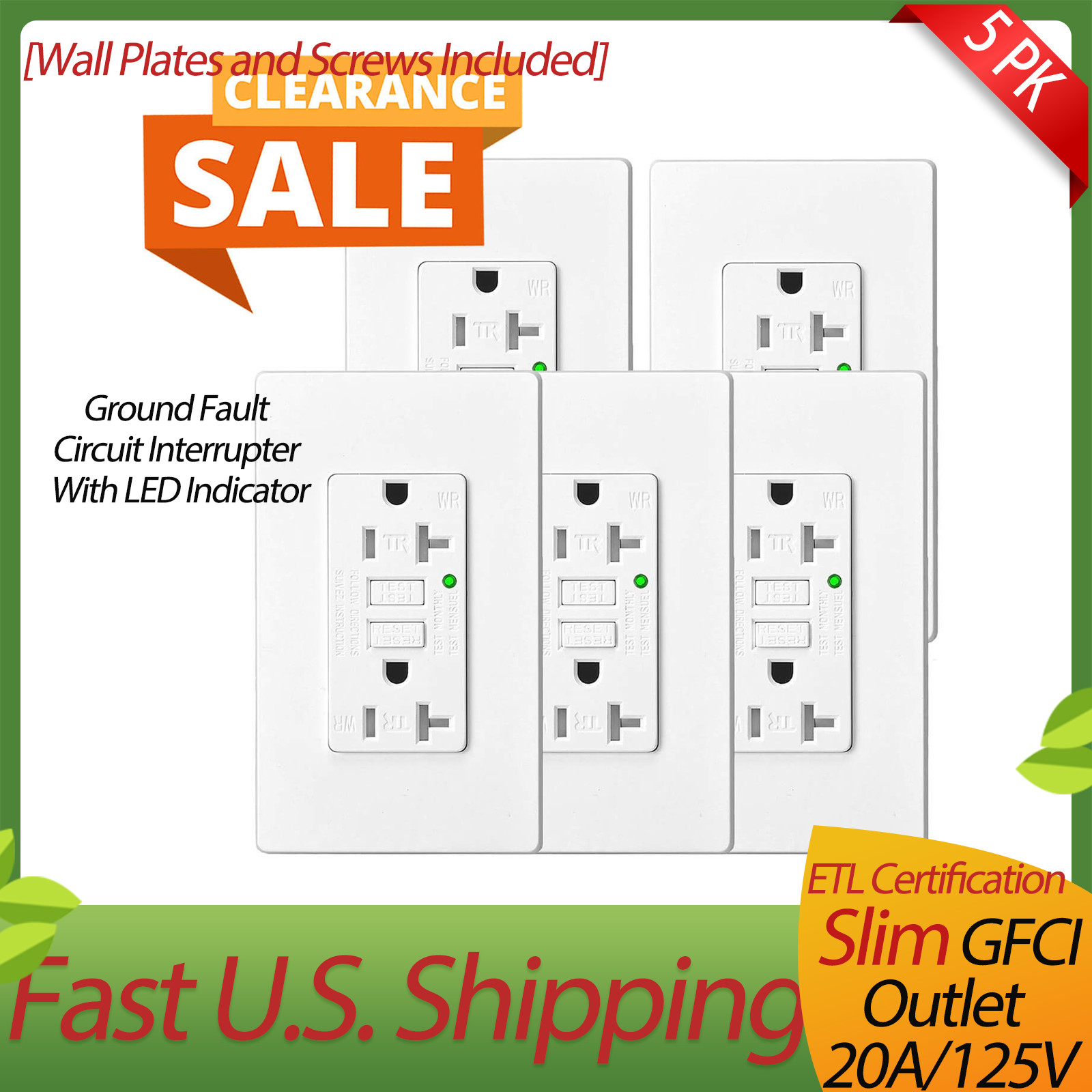 5 x GFCI Outlet 20 Amp Slim,Indoor Outdoor Wet Location Use,Commercial Grade,ETL