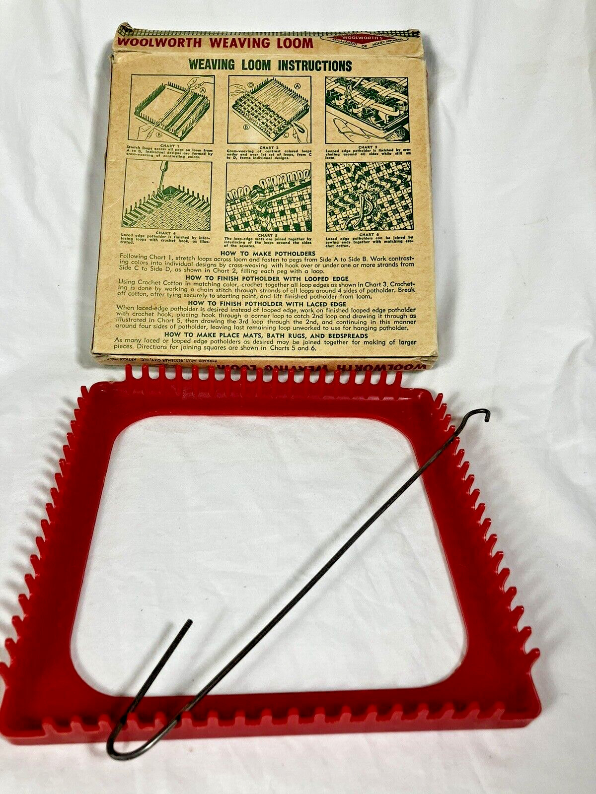 Vintage Woolworth Value Weaving Loom Original Box Red Plastic Hook