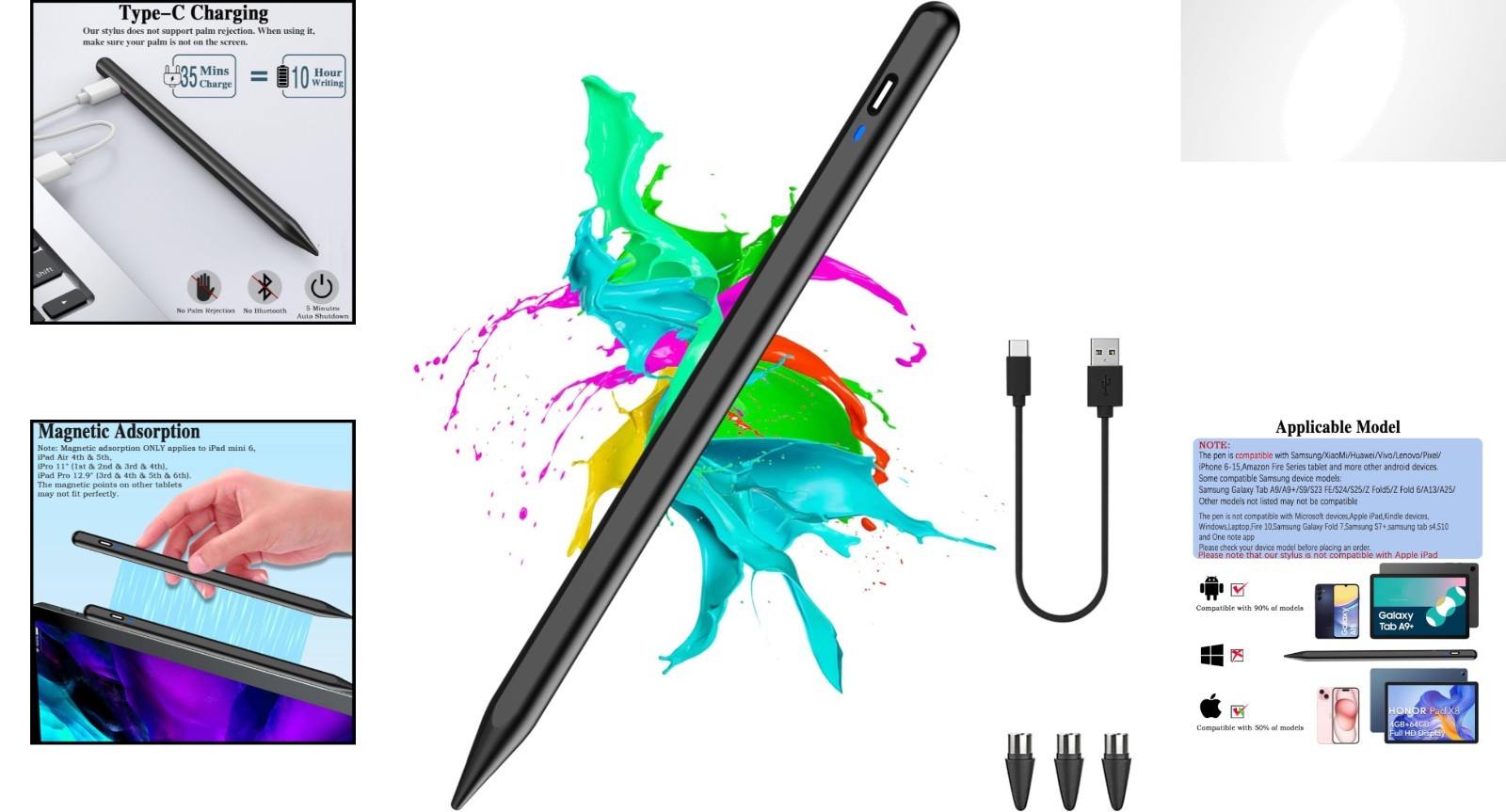 High Precision Stylus Pen for Android Tablets & iPhone with USB-C Charging