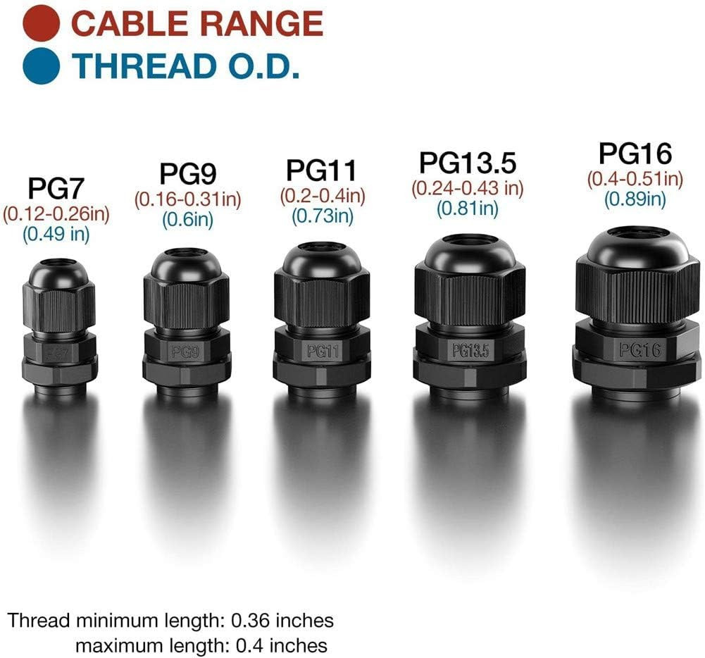 25 Pack Waterproof Cable Glands Pg7 Pg9 Pg11 Pg13.5 Pg16 For Electrical Conne...