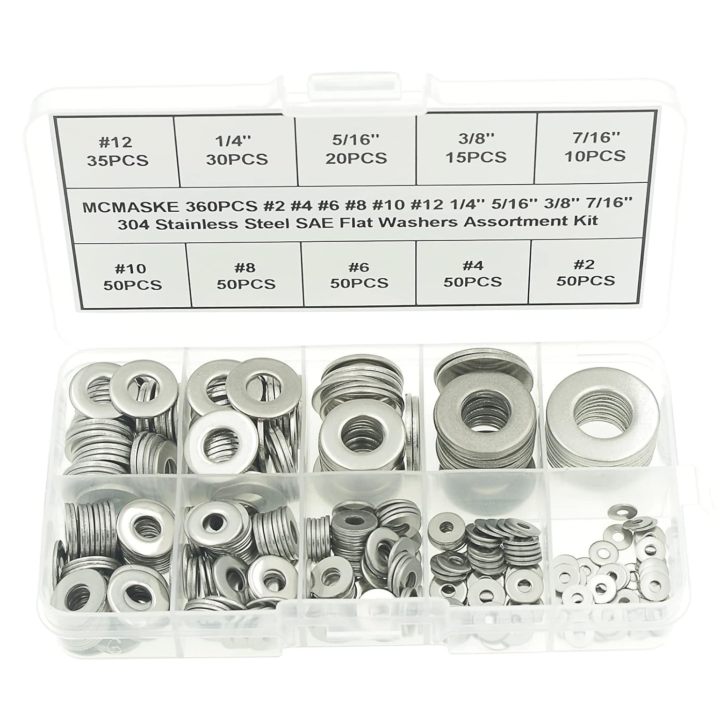 360PCS #2 to 7/16" 304(18-8) Stainless Steel SAE Flat Washers Assortment Kit,for