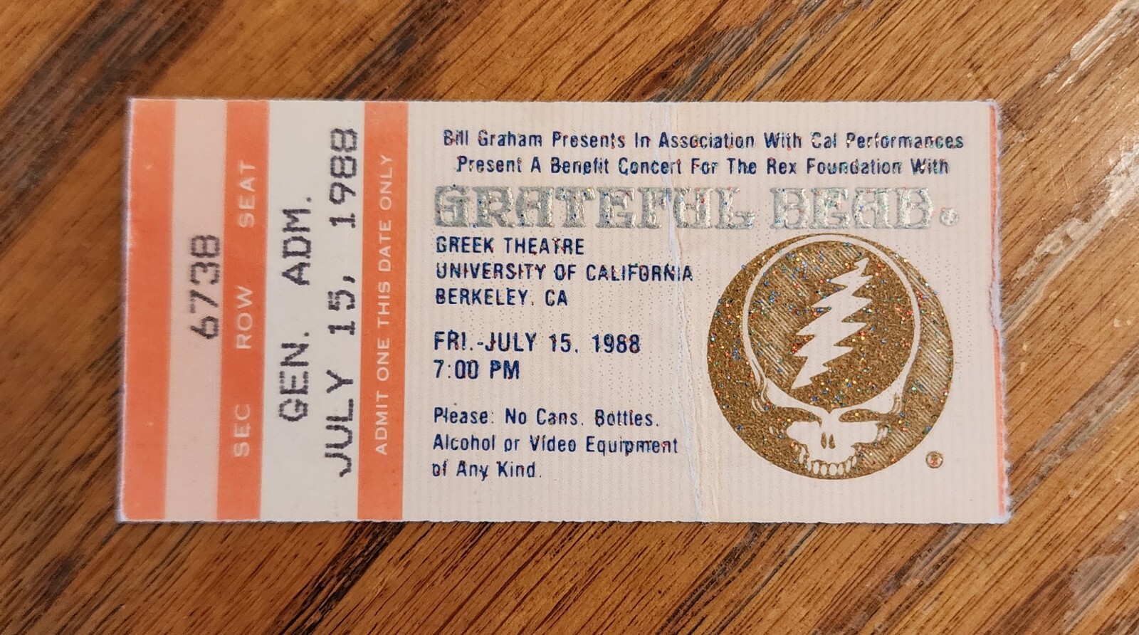 GRATEFUL DEAD / GREEK THEATRE BERKELEY ~ July 15, 1988 ~ Ticket Stub ~ EXCELLENT