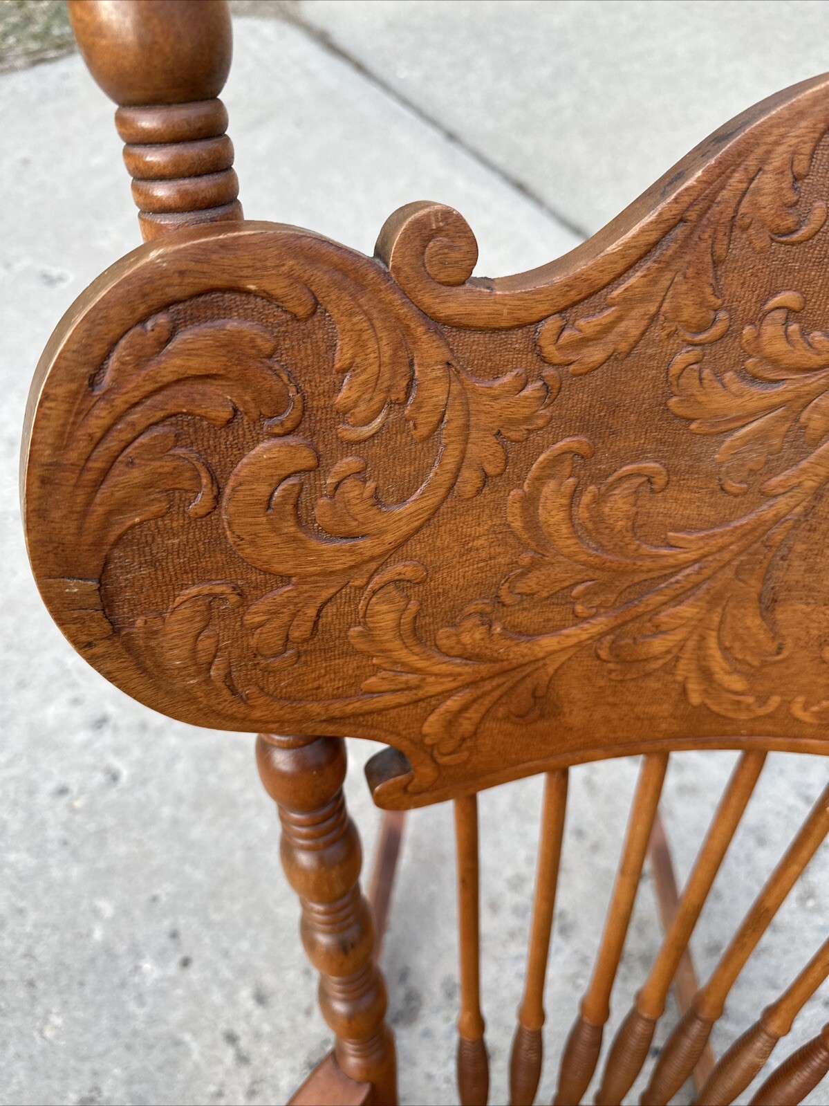 Vintage Victorian Rustic Maple Wood Spindle Back Needlepoint Seat Rocking Chair