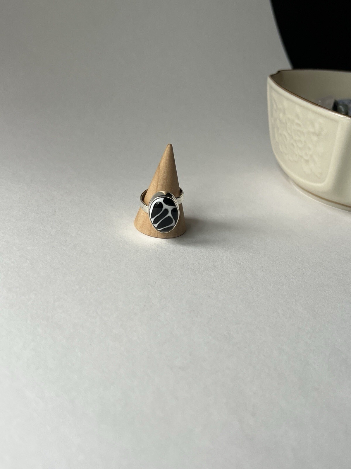 Black & White Talavera Ring 925 Sterling Silver Adjustable Artisan