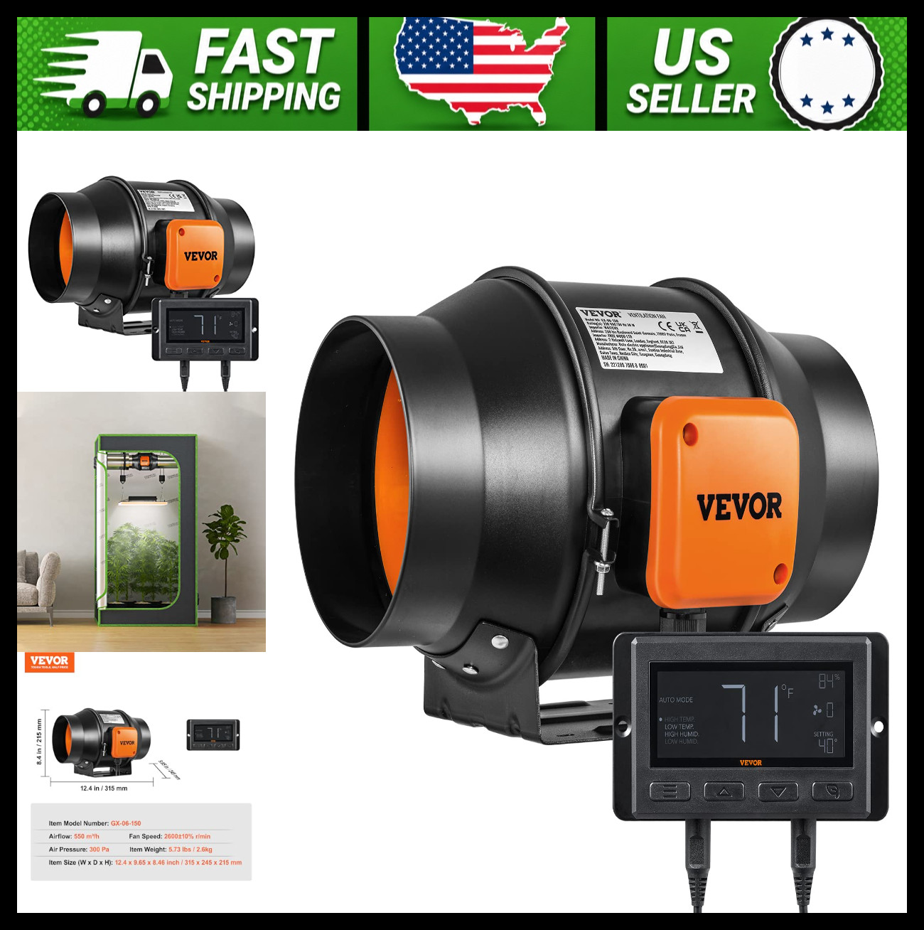 VEVOR 6-Inch Inline Duct Fan 402 CFM with Temperature Humidity Controller